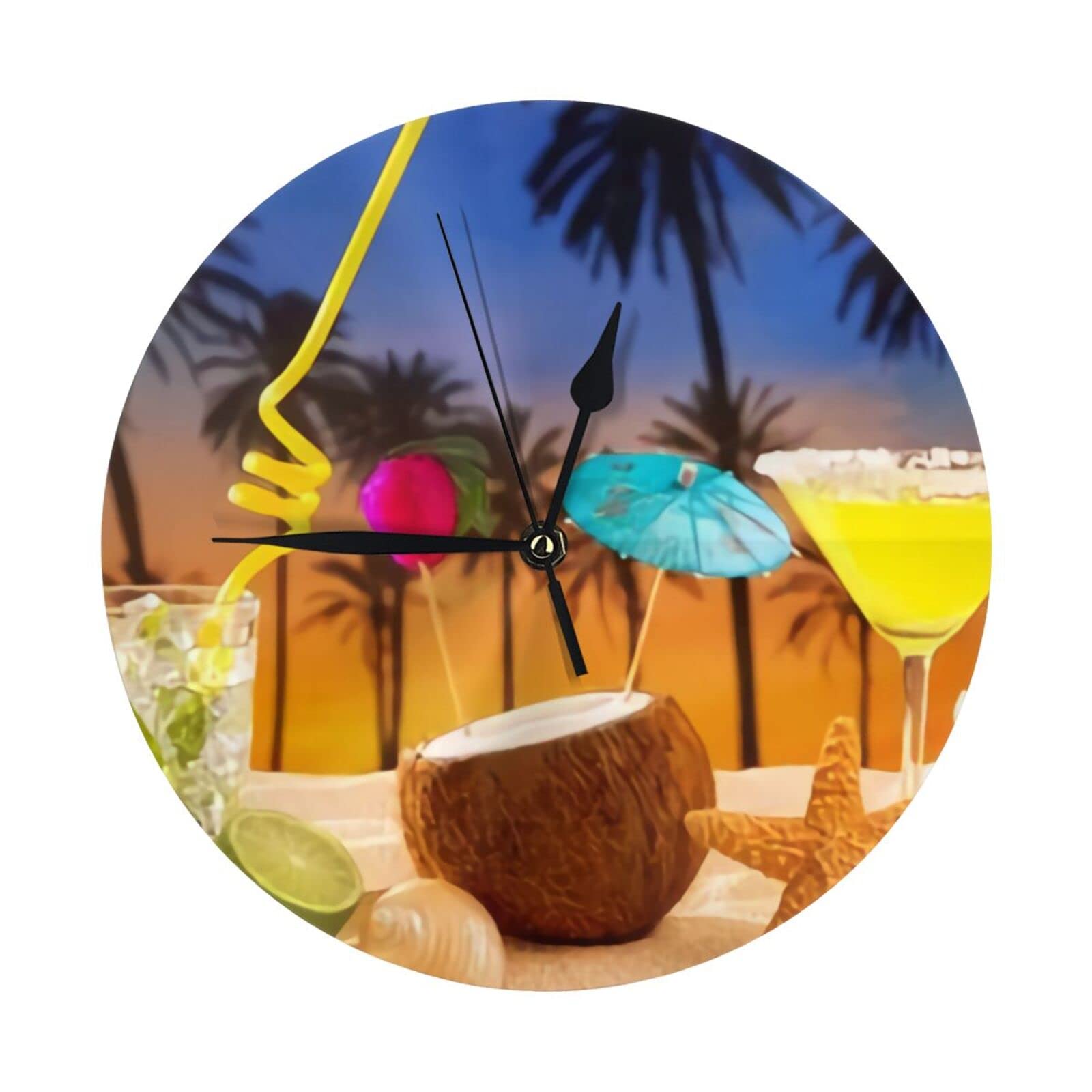 Oudrspo Beach Cocktail Round Wall Clock 10 Inch Silent Non Ticking Movement, Battery Operated, Lightweight and Durable Design for Home and Office Decor