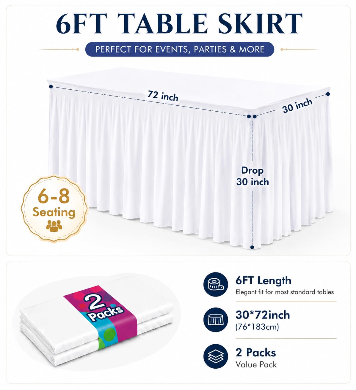 Fave Paquete de 2 Manteles de Mesa Rectangulares Blanco 183 cm, Ajustados | Manteles Ajustados para Fiesta de Primavera, Exterior, Boda y Banquete, Blanco, 76x183 cm