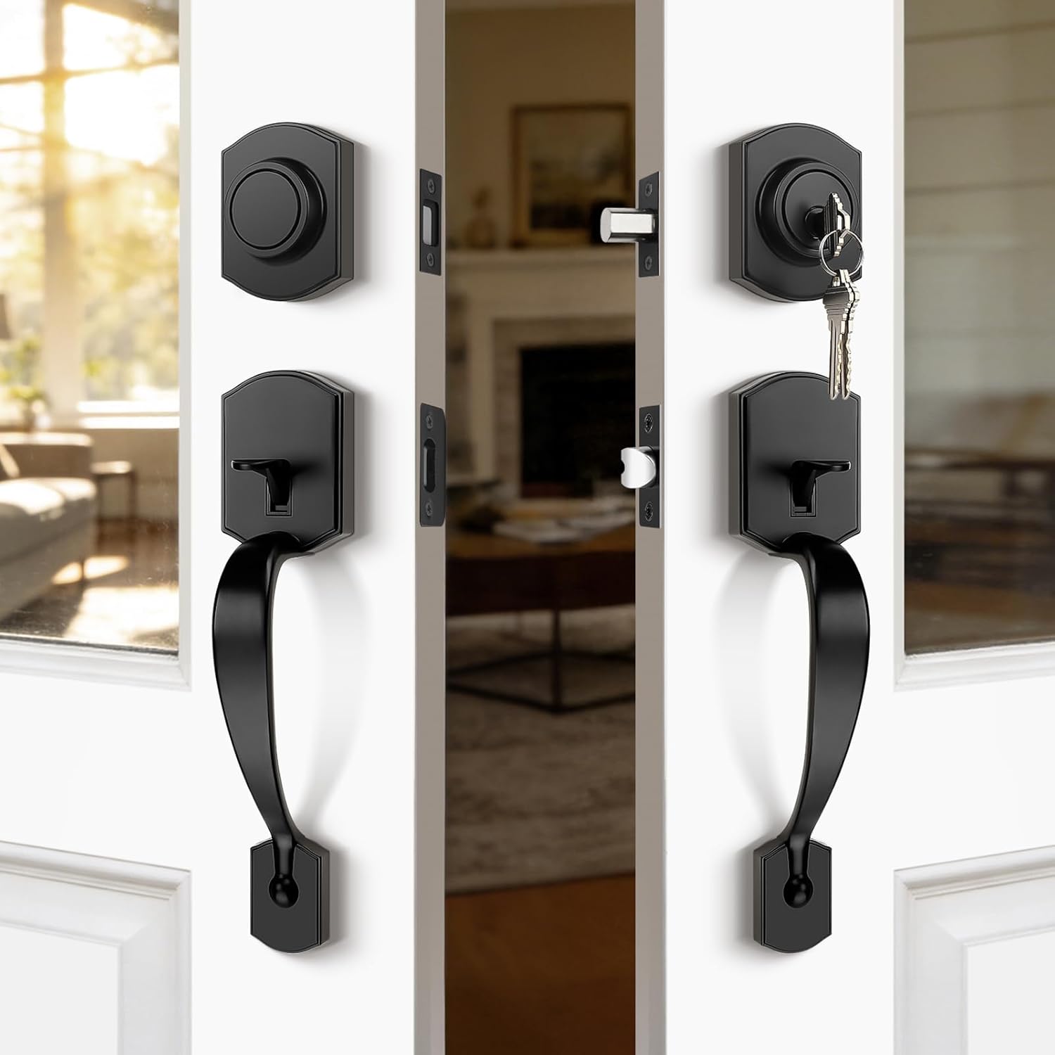 Probrico Double Door Handle Set with Keyed Deadbolt, Reversible Keyed Lockset and Dummy Handleset, Heavy Duty Zinc Alloy, Oil Rubbed Bronze, 1Pack