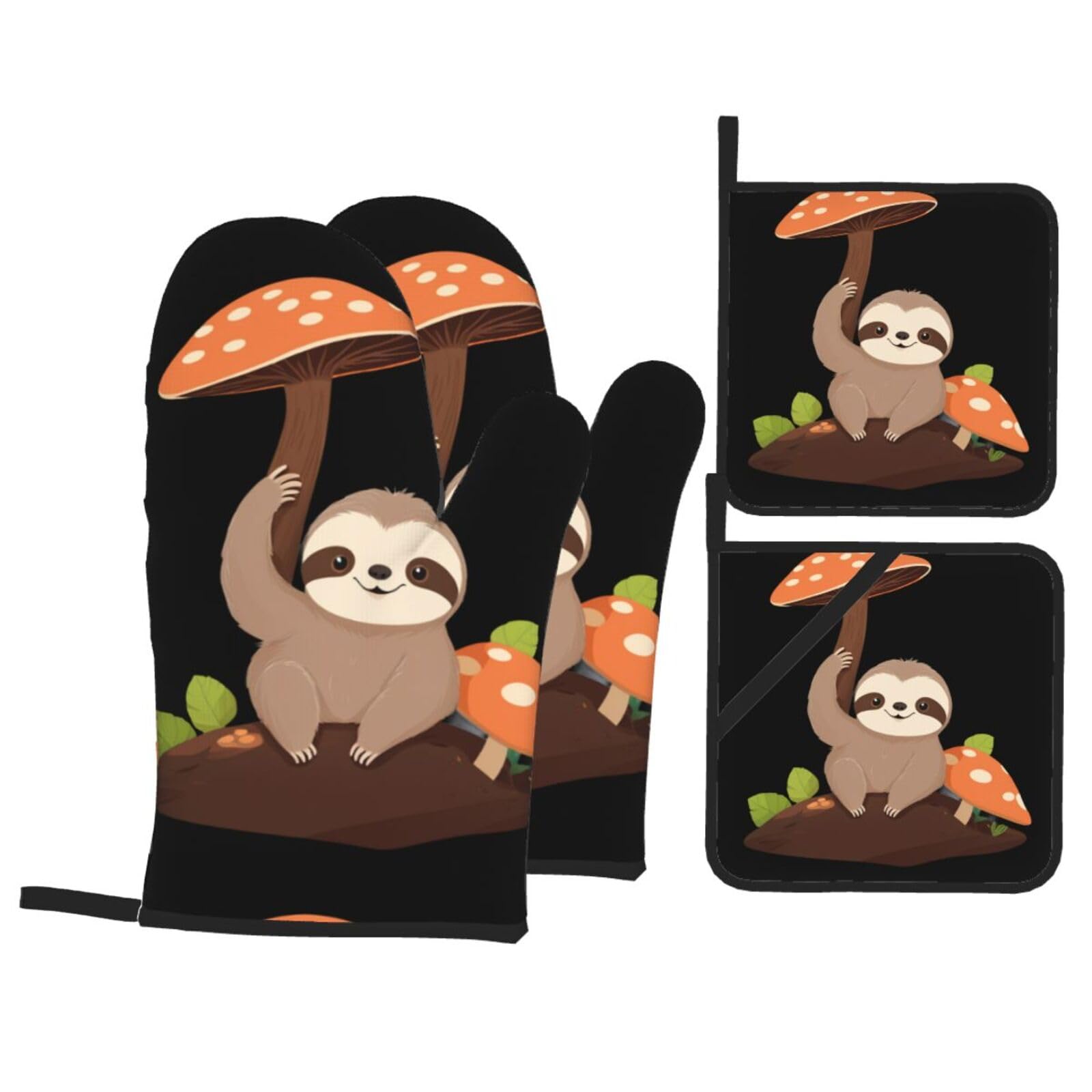 YYHWHJDE Sloth Under The Mushroom Tree Printed Kitchen Baking Set of 4 Thick Insulated Oven Mitt & Pot Holders, Anti-Scalding for Microwave, Oven, Outdoor BBQ