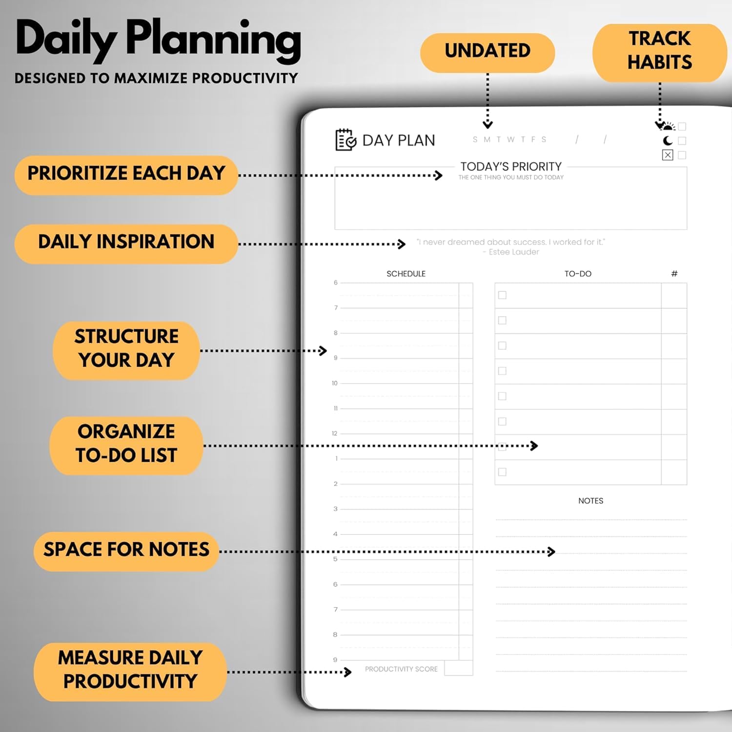 Wyze Planner Undated Daily Planner – 3-Month A5 Productivity Organizer with Full Page Per Day, Hourly Schedule, Goal Setting, Habit Tracker, Weekly & Monthly Pages – Hardcover Time Management Notebook (Orange)