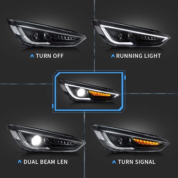 VLAND Projector Led Headlights Compatible with Focus 2015 2016 2017 2018 w/Amber Sequential w/Dual Beam Lens, D2H/ D2S Bulbs Kit(NOT Included) for Dual Beam