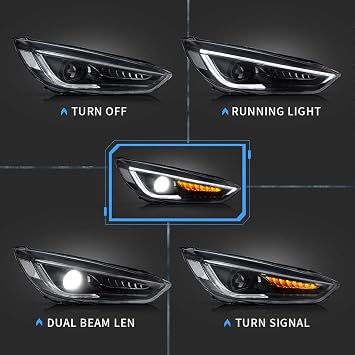 VLAND Projector Led Headlights Compatible with Focus 2015 2016 2017 2018 w/Amber Sequential w/Dual Beam Lens, D2H/ D2S Bulbs Kit(NOT Included) for Dual Beam