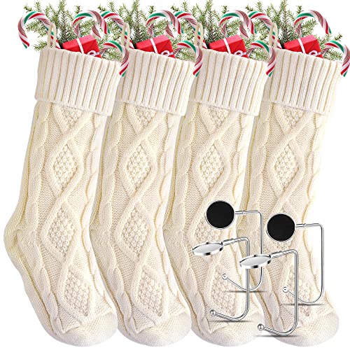 18" Christmas Stockings 4-Pack with Holders, Idemeet Cream Xmas Stockings with Stocking Holders, Large Christmas Stockings for Gift and Decoration