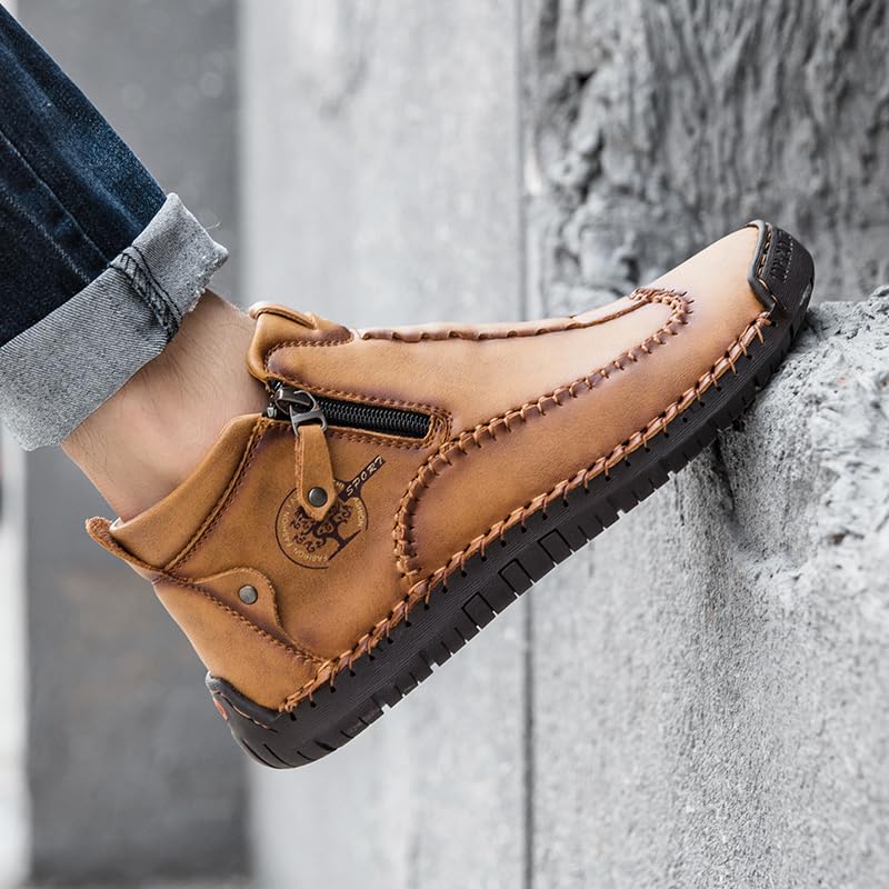 Image of men's casual outdoor short boots - hand sewn classic boots with fashionable side zipper decoration, perfect for outdoor enthusiasts and activities
