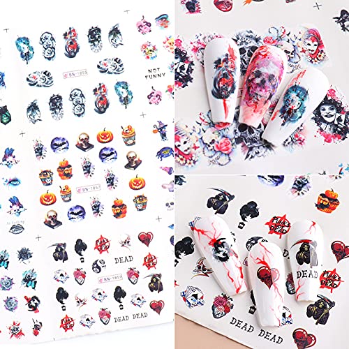 Skull Nail Stickers Day Of The Dead Nail Art Water Transfer Decals Nail Supplies Halloween For Nail Art Vampire Ghost Skulls Head Devil Design For Acrylic Nails Foil Manicure Tattoos Decorations 12Pcs #TOP1