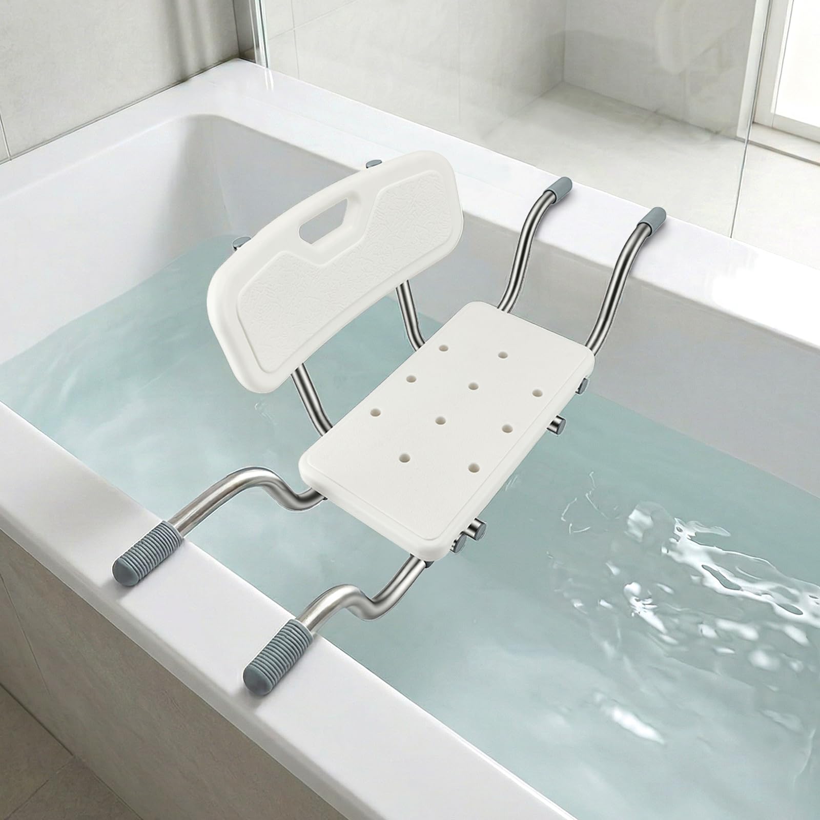 Sedile per Vasca da Bagno per Anziani, Antiscivolo Sgabello da Doccia con Schienale, Larghezza Regolabile 77-87cm, Portata 150 kg, con Cuscinetti e Maniglie in Silicone Antiscivolo, Bianco