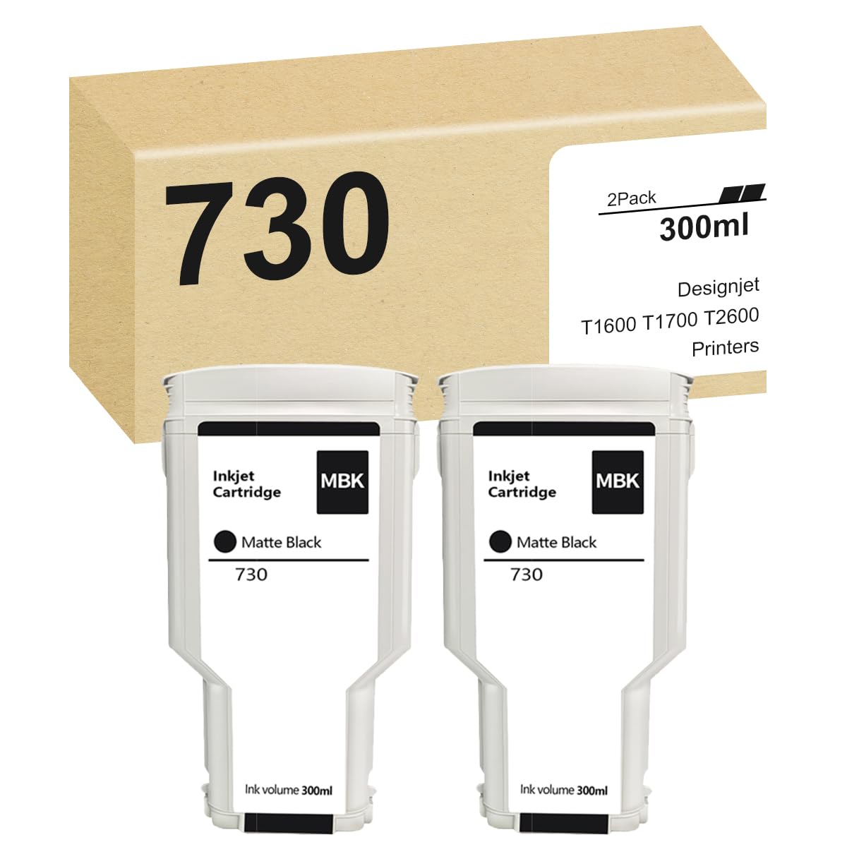 730 Ink Cartridge 2-Pack 300ml Matte Black P2V71A Replacement for HP 730 Matte Black Ink Cartridge use for Designjet T1600 T1700 T2600 Printer