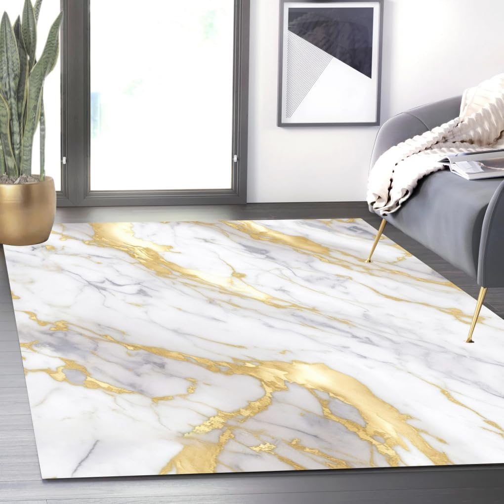White Grey Gold Marble Texture Modern Abstract Area Rug