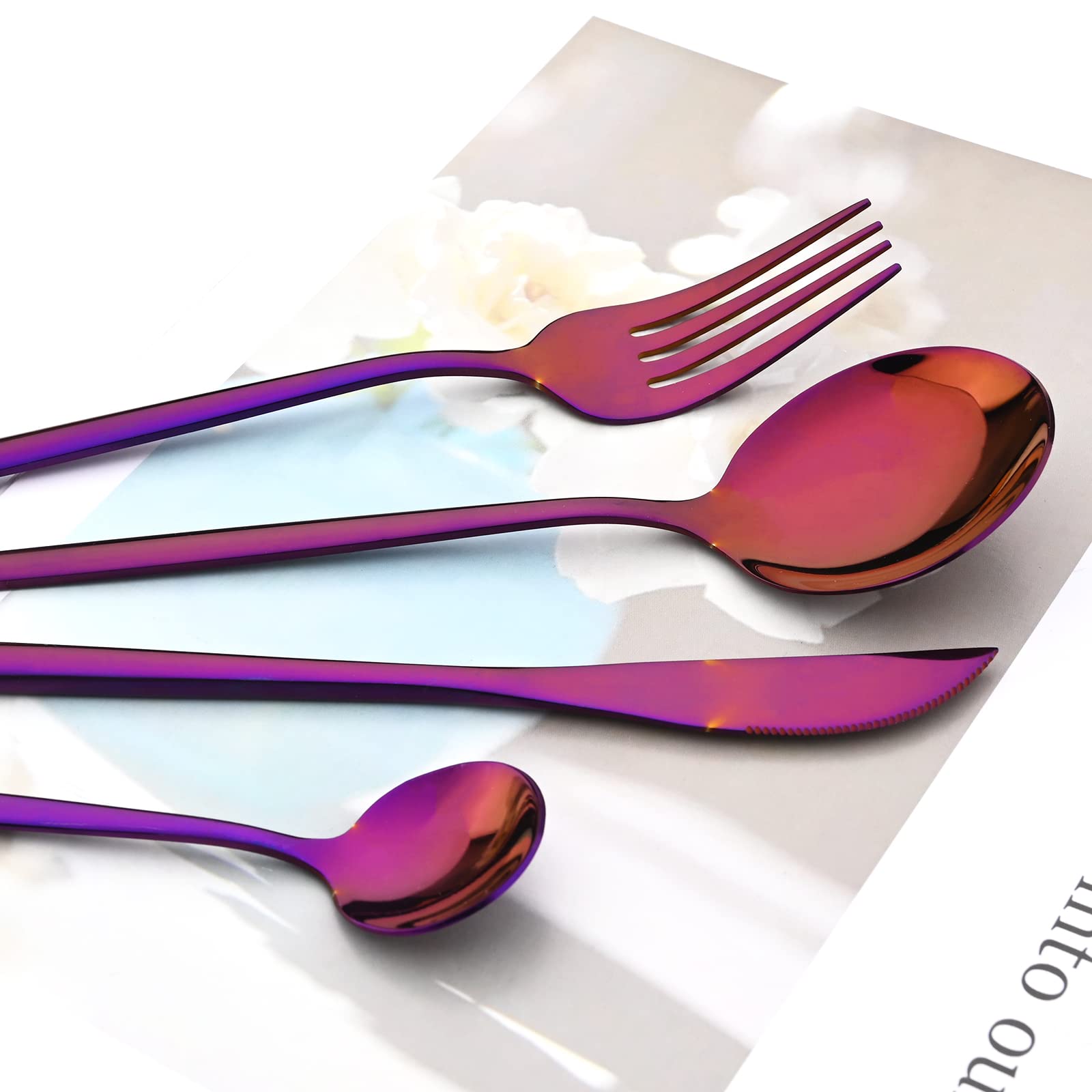 Juego de cubiertos de 36 piezas de color morado con espejo pulido, cubiertos de acero inoxidable 18/0 para cocina en casa, fiesta, hotel, restaurante, servicio de boda para 6