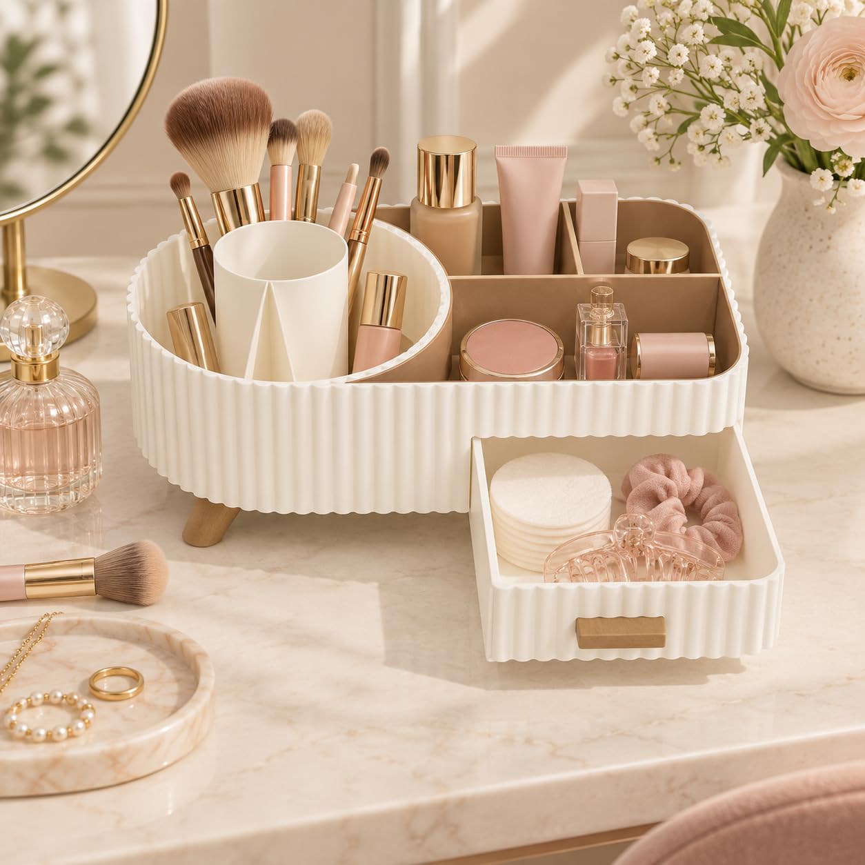 Bellatonni Organizador de Maquillaje Giratorio Beige con Cajón