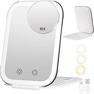 FUNTOUCH Rechargeable Travel Makeup Mirror with Lights and Small 10X Magnification,Light up Portable Vanity Mirror with 80 Leds,2000mAh Battery,Brightness Adjustable,3 Lighting, Dimming Compact Mirror