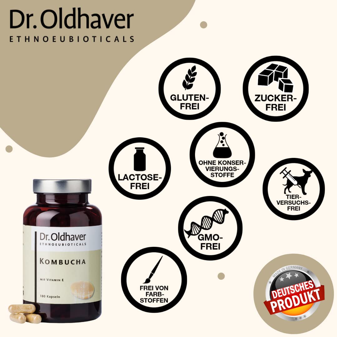Dr. Oldhaver Kombucha + Vitamin E, Hochwertiger und Hochdosierter Kombuchatee Extrakt, Exzellentes Preis-Leistungsverhältnis, Kombination mit Vitamin E gegen oxidativen Stress, 180 Kapseln
