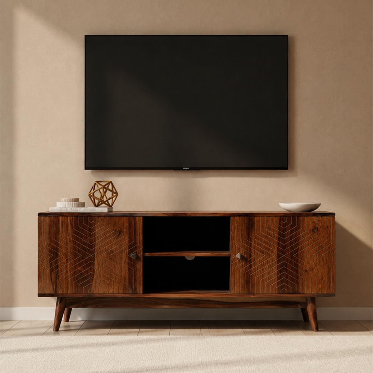 Solid Sheesham Wood TV Unit, 50.7 inch | Chevron Carved Doors, Mid-Century Tapered Legs, 2 Open Centre Shelves, 2 Side Cabinets, Walnut-Brown Finish-image-28