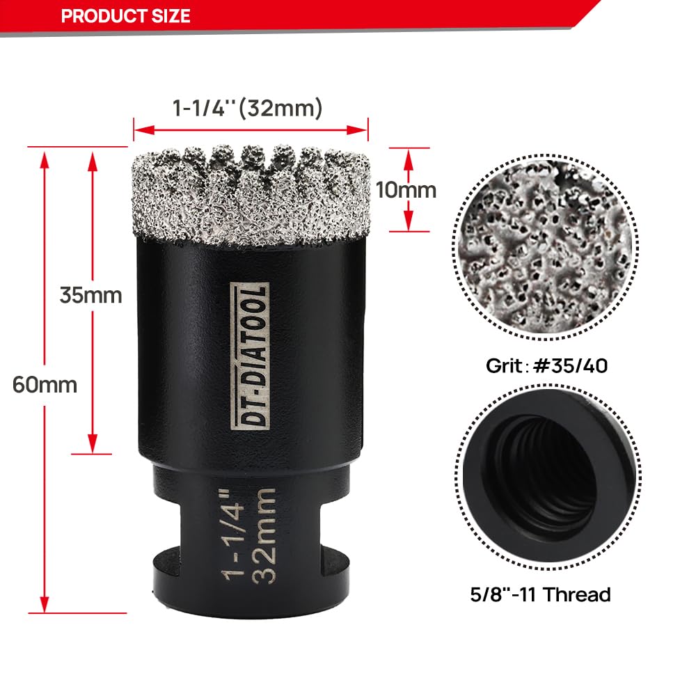 DT-DIATOOL Diamond Core Drill Bit 1-1/4 Inch 2-Pack Tile Hole Saw with 5/8"-11 Thread Drilling for Ceramic Tile Procelain Tile Marble Granite