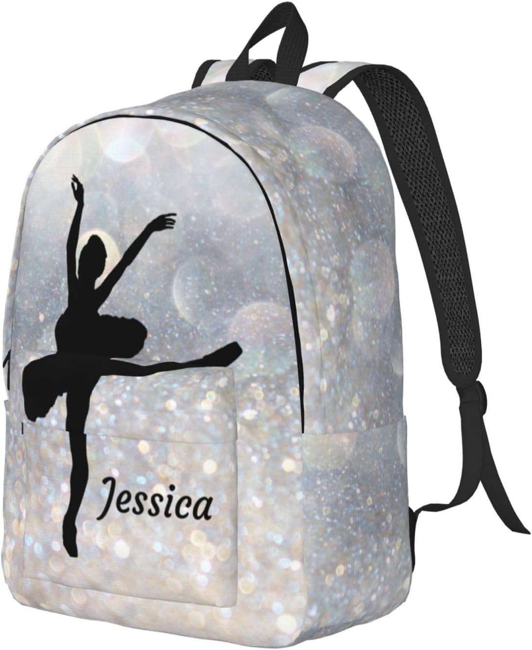Generic Custom Ballet Dance Backpack Personalized Backpack with Name Customized Casual Bag Daypack for Woman Outdoor Hiking Travel Silver 17in