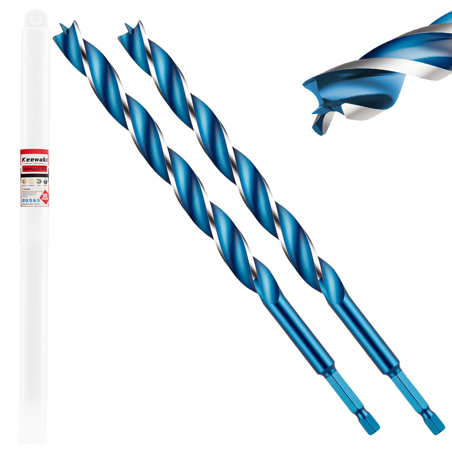 Keewaki 2 Pack 14mm x 155mm 3-Flute Auger Drill Bit for Wood – Extra Long Wood Drill Bits with Hex Shank, Heavy Duty Spiral Bit for Fast & Clean Deep Hole Drilling in Timber