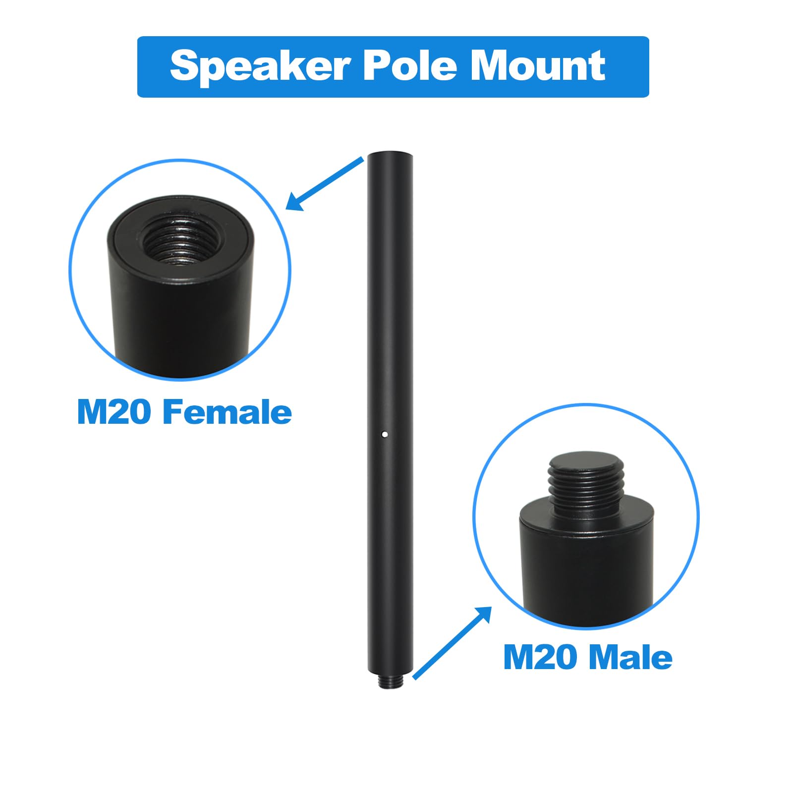 Supporto per asta per altoparlante, asta per subwoofer, asta per altoparlante estesa da 40,6 cm, con asta per altoparlante da 35 mm e M20 (2 confezioni nero)