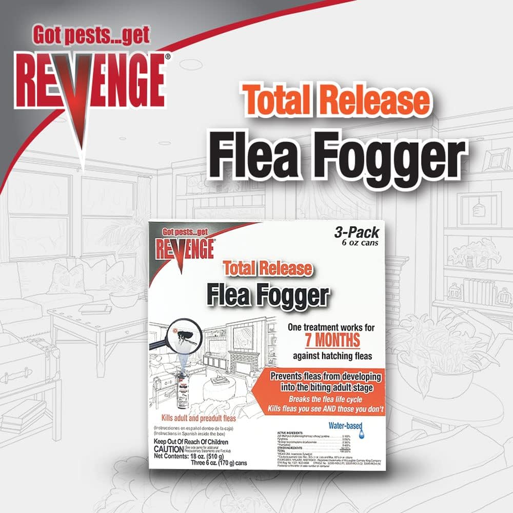 Revenge Total Release Flea Fogger, Pack of 3 6 oz Ready-to-Use Cans, Long Lasting Formula Kills Fleas and More