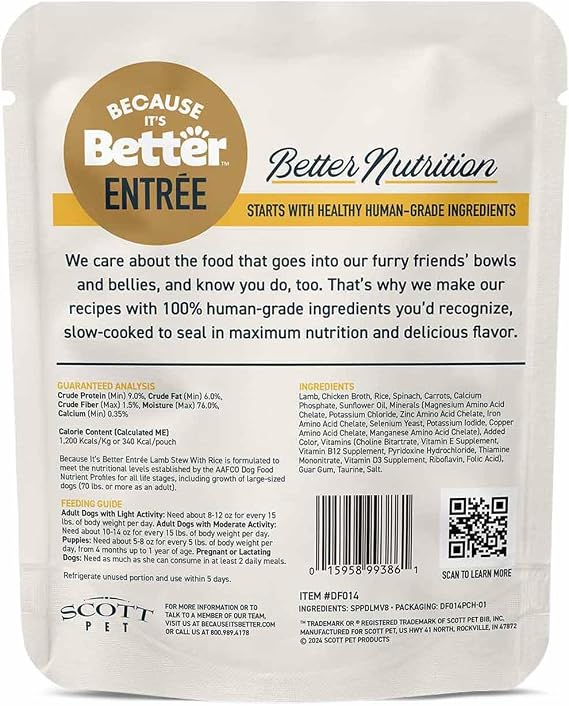 Because It's Better Entree Complete Meal, Lamb Stew with Rice, Human Grade Wet Dog Food, 10 oz Pouches, 6 Count