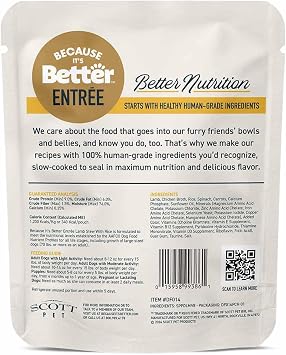 Because It's Better Entree Complete Meal, Lamb Stew with Rice, Human Grade Wet Dog Food, 10 oz Pouches, 6 Count
