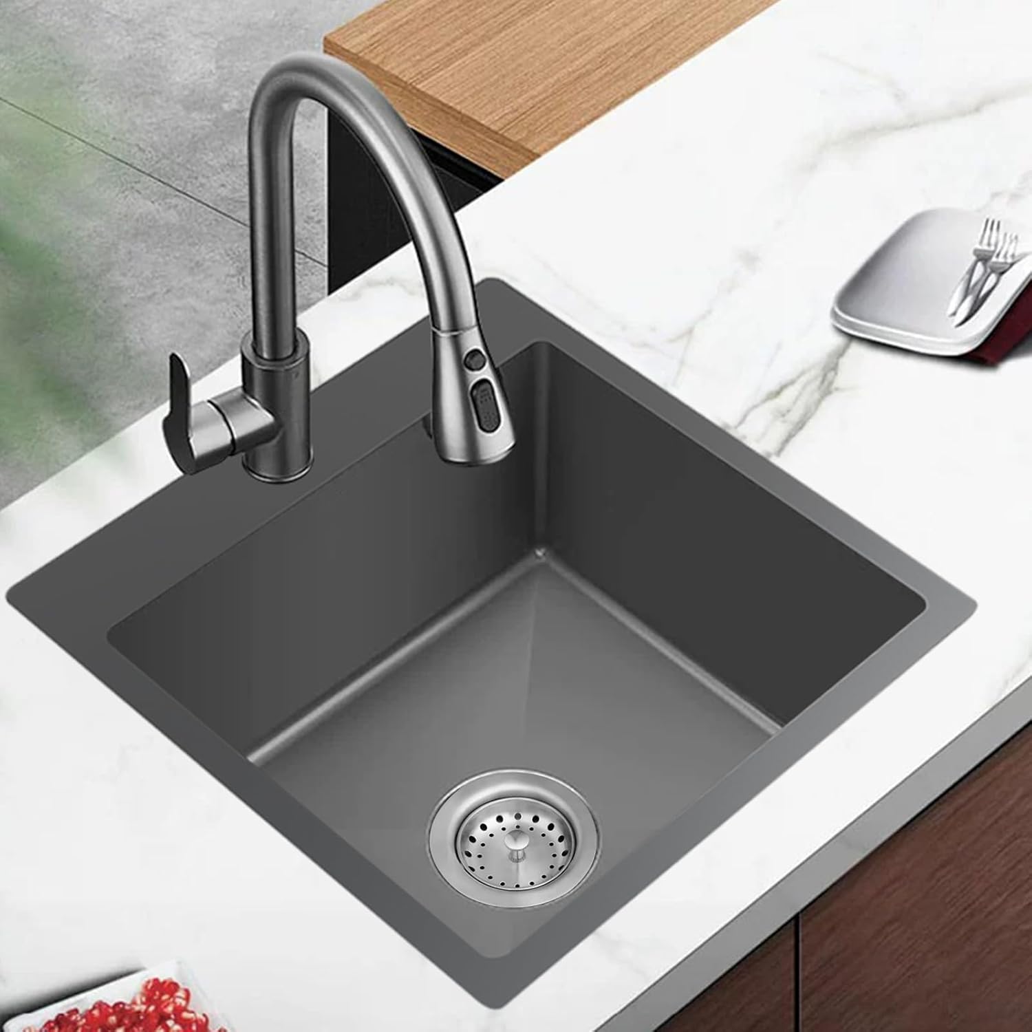 Black Kitchen Sink, Stainless Steel 18 x 18 Inch Top Mount Kitchen&Bar Sink Single Bowl Drop In Sink Set - Stainless Grid, Silicon Mat, Retracable Basket For Modern Stylish Kitchen