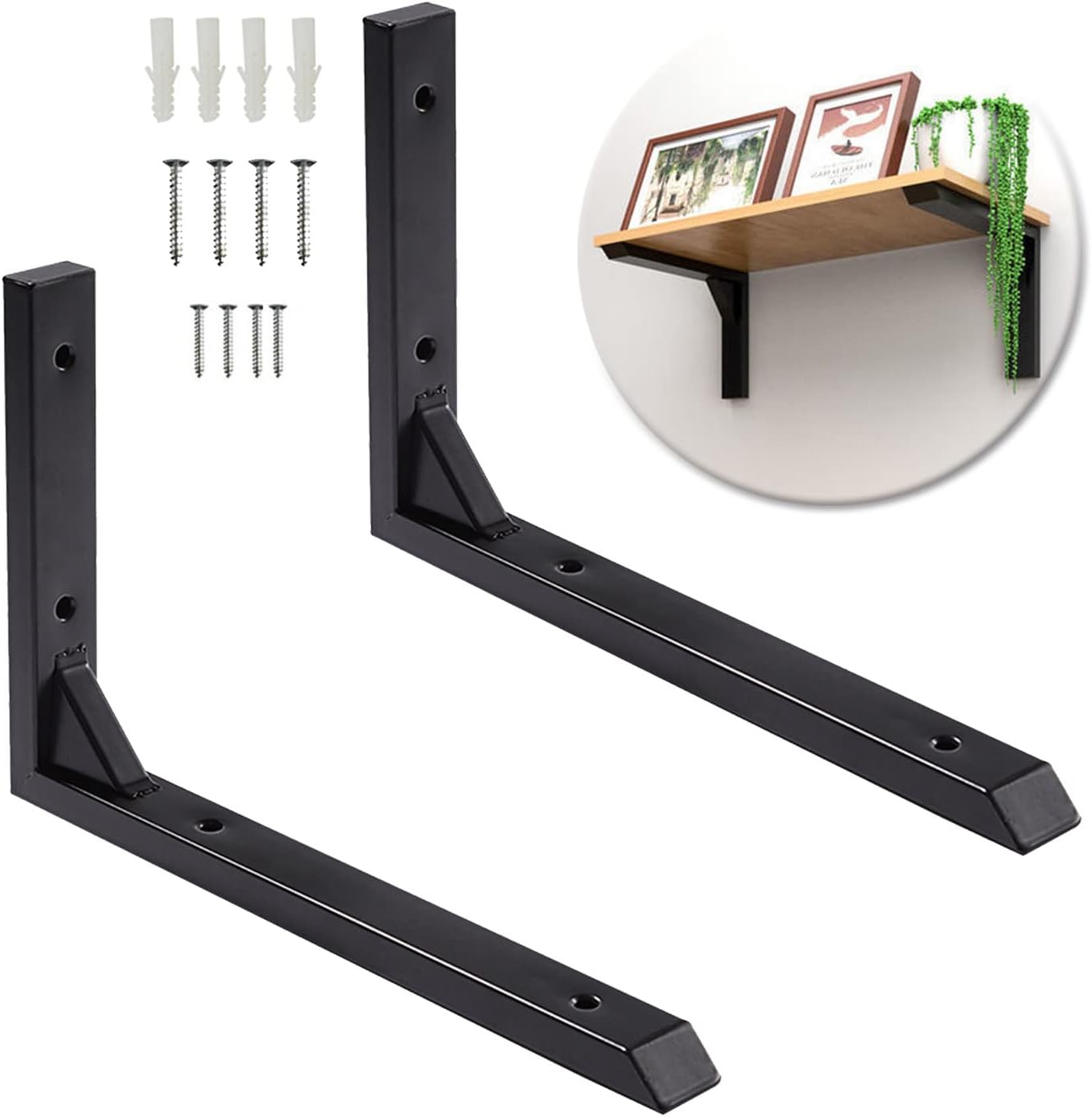 Metal Shelving Supports，Heavy Duty Shelf BracketWith Screws, 2 Pcs Industrial Floating Shelf Supports, DIY Shelving Brackets Black, Metal Brackets for Shelves(25x16cm(9.8x6.3in))