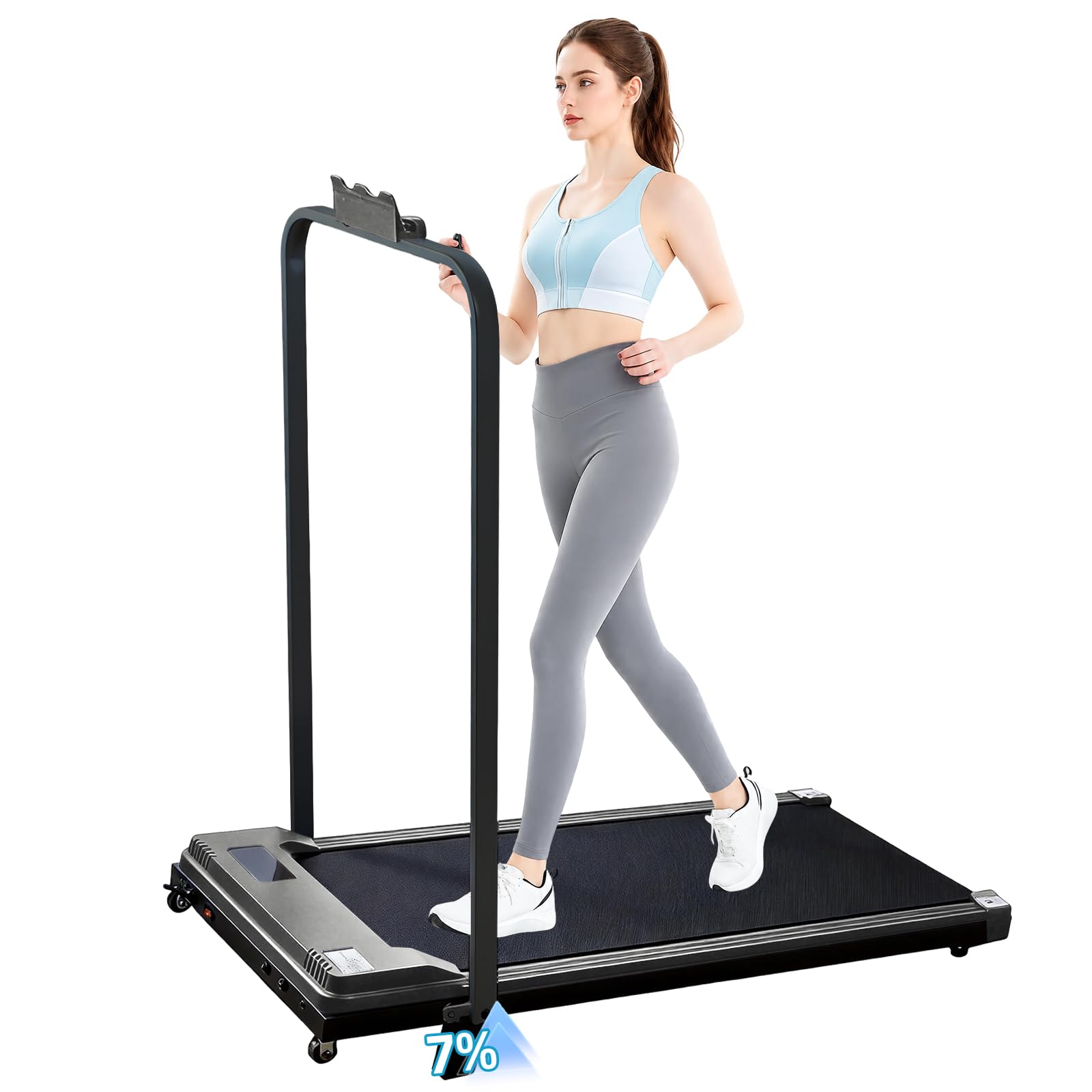 Treadmill with holder and Incline, 0.75 HP Quiet Motor & 7% Incline: 1–8 km/h speed with holder, ≤45 dB noise. Perfect for use at home or in the office without disturbing others. (Grey)