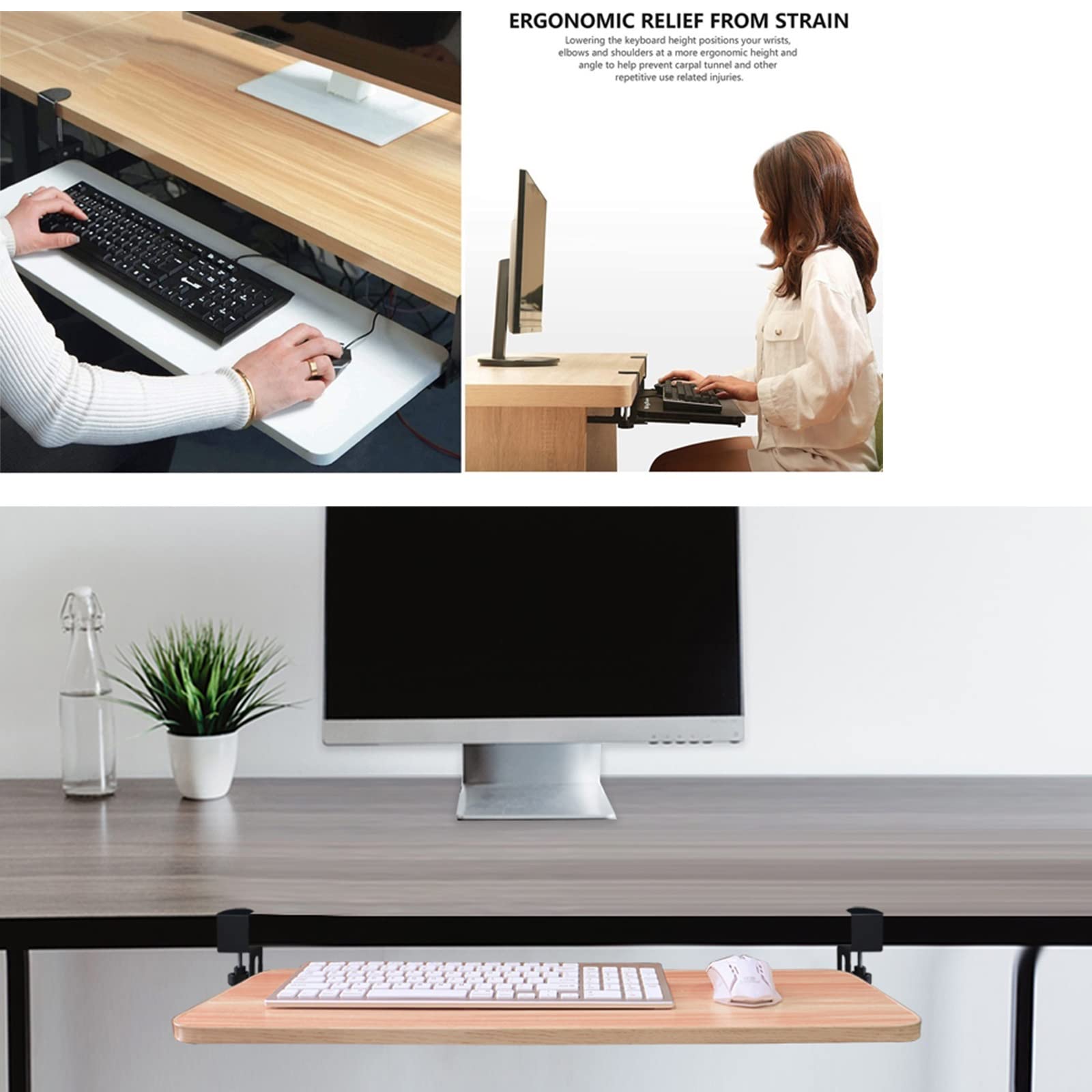 Ergonomiczna drewniana taca na klawiaturę z prowadnicami kulowymi 36 cm, szuflada pod klawiaturę, zoptymalizowana przestrzeń robocza, kompatybilna z klawiaturą i myszką, oszczędność miejsca