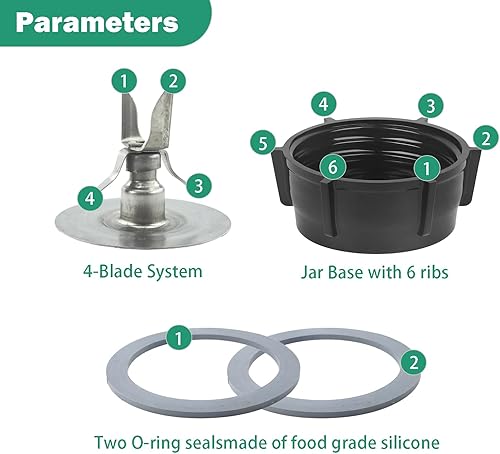 Miniatura 2 de Para piezas de repuesto Oster Blender Ice Blade con tapa base de tarro y dos juntas de junta tórica de goma, kit de actualización compatible con