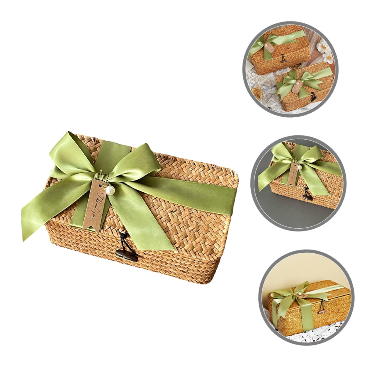 Cesta de Paja de Almacenamiento Tejida Rectangular Tapa