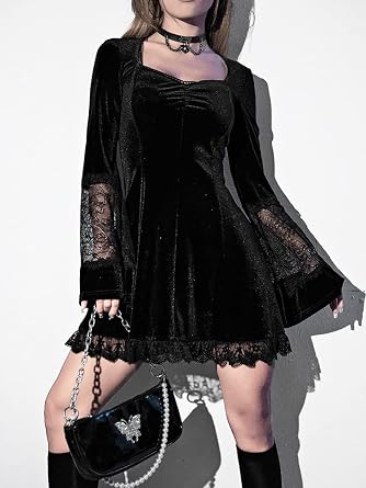 InGoticos Women Gothic Dress,Flare Sleeve Velvet Dress Black Lace Goth Vintage Dresses Clothes