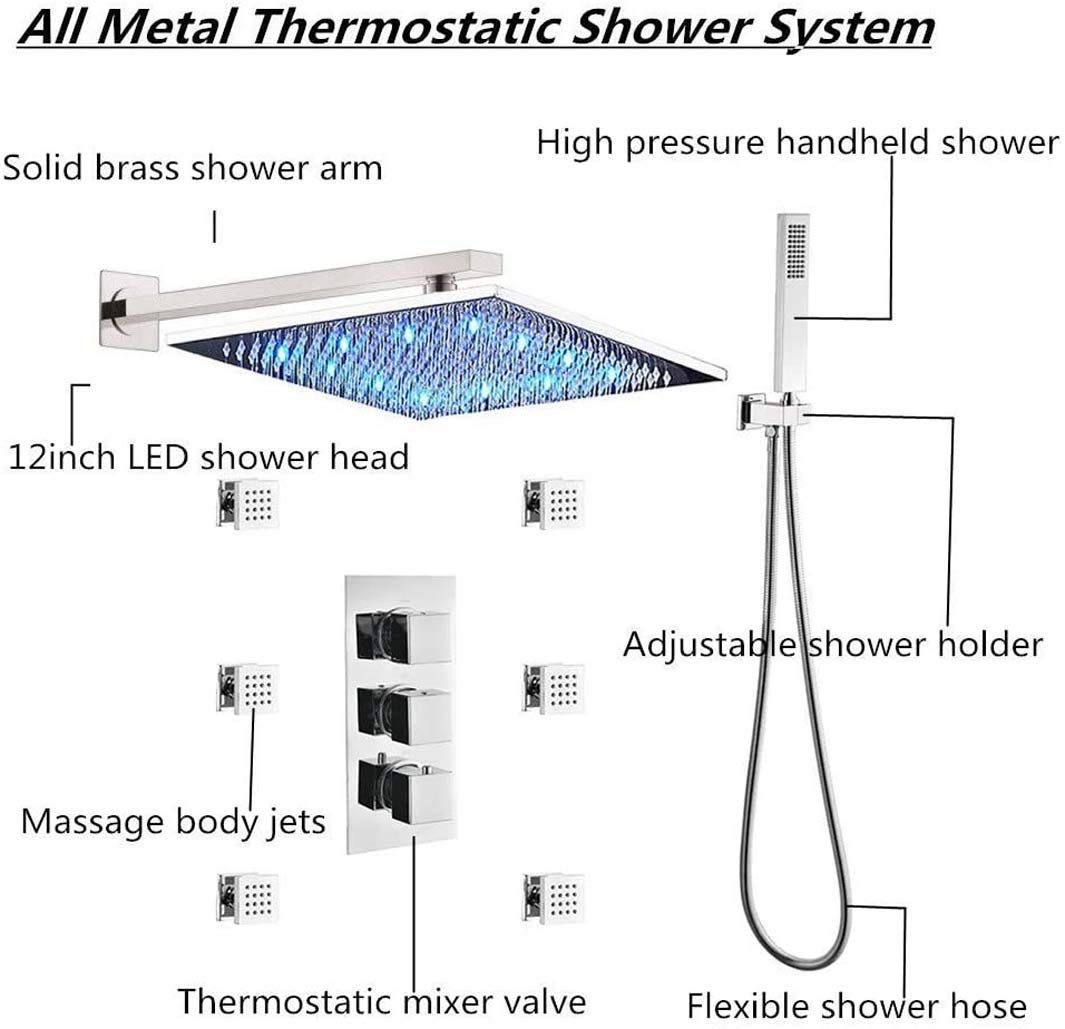 Mosiężny, 10-12-calowy, ścienny, chromowany system natryskowy z deszczownicą LED, z zaworem termostatycznym i 6 dyszami masującymi i zestawem prysznicowym ręcznym, 1,12 Inch