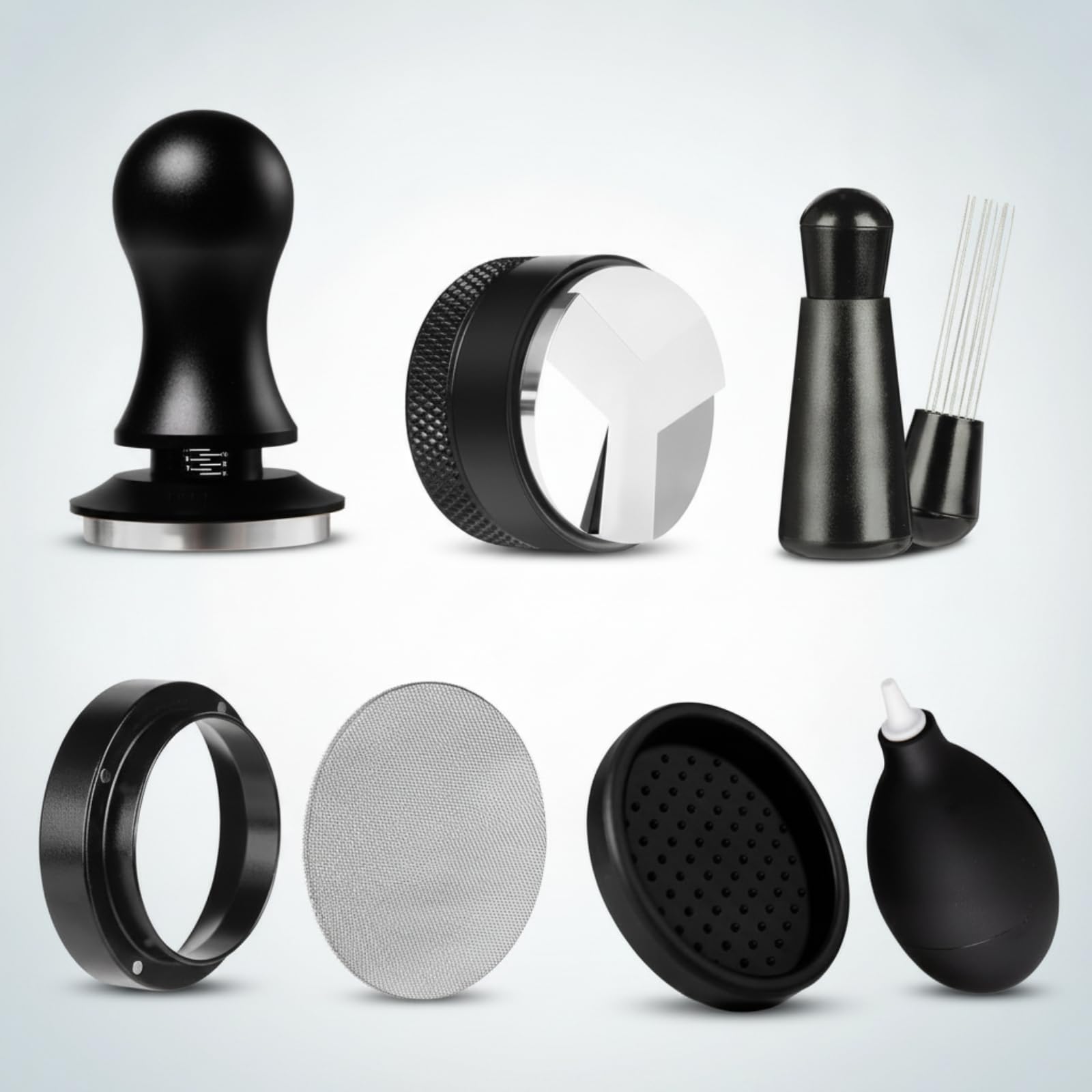 7 Piezas Juego Prensador y Distribuidor Café Completo Tamper Café Compacto Aguja Encaje para Caferías, 51mm