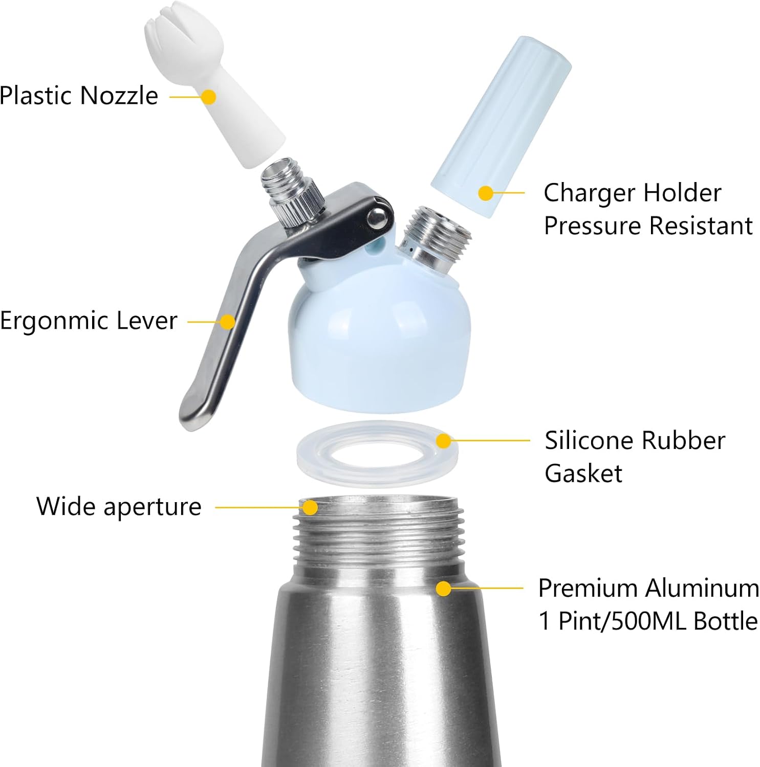 Professional Whipped Cream Dispenser, 500ml Whipped Cream Canister,Sturdy Aluminum Whipped Cream Maker with 3 Decorating Nozzles,Use Standard 8g N2O Cream Chargers (Chargers Not Included)