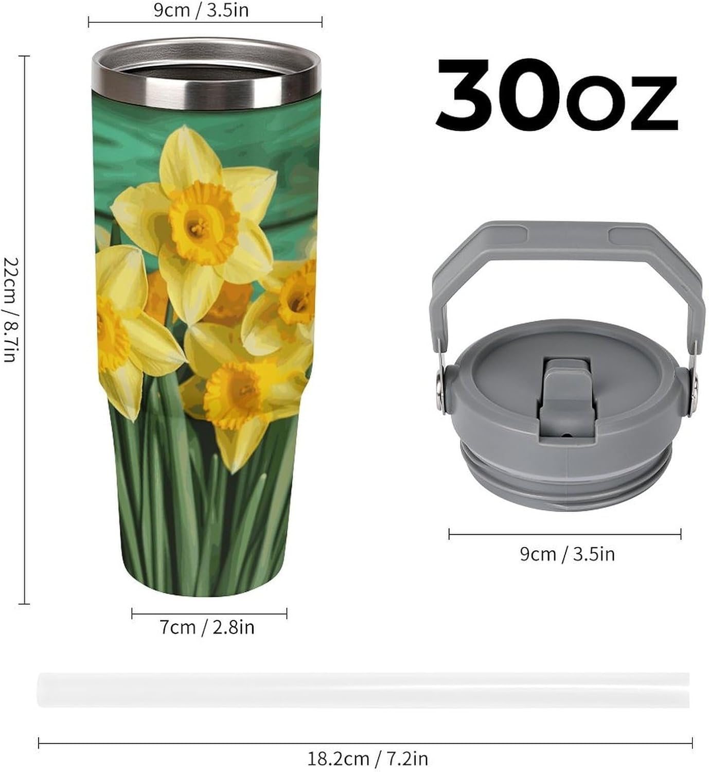 Yellow Daffodils Flowers Water Bottle 30 Oz Fits Car Cup Holder,Insulated Coffee Mug Large Capacity Car Cups,Stainless Steel Double Wall Sport Bottle for Travel Sports Gym