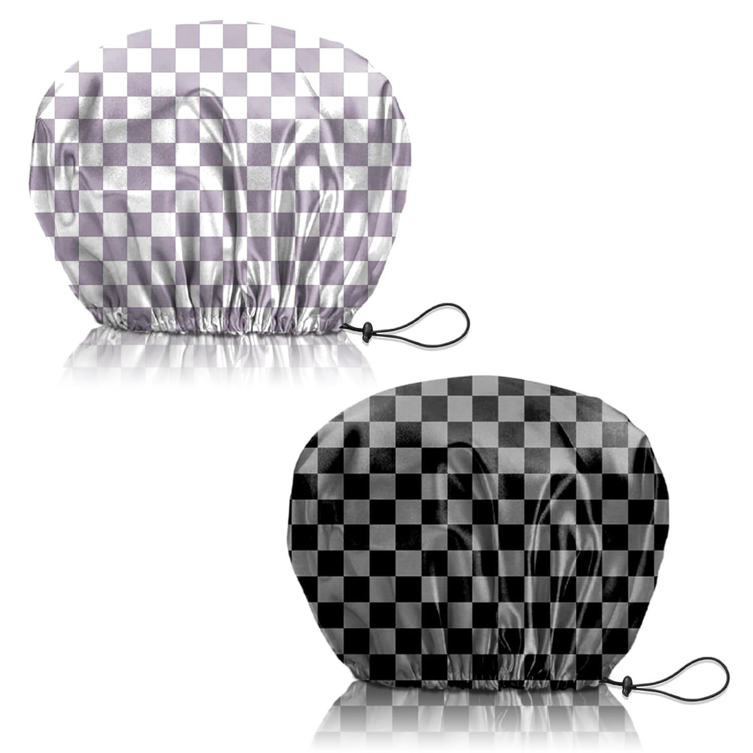 2 PCS Shower Cap Reusable Waterproof Adjustable Double Layer Elastic Dry Hair Bathing Caps Aesthetic Cute for Women Girls-Purple Black Gray