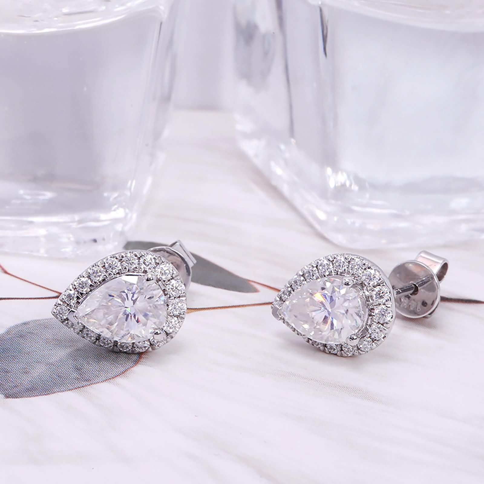 Pendientes Mujer de Oro Blanco 9K / 14K / 18K, Gota de Agua con Moissanita, Pendientes Boda Plata Mujer
