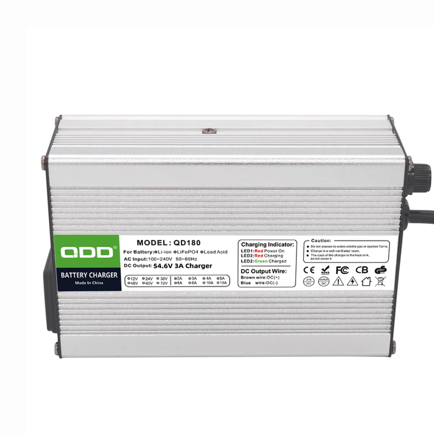 QDD Caricabatterie da 54,6 V, 3 A, caricabatterie intelligente per batteria al litio 48 V, 3 A, custodia in alluminio argentata, con uscita ventola di raffreddamento, connettore XLR