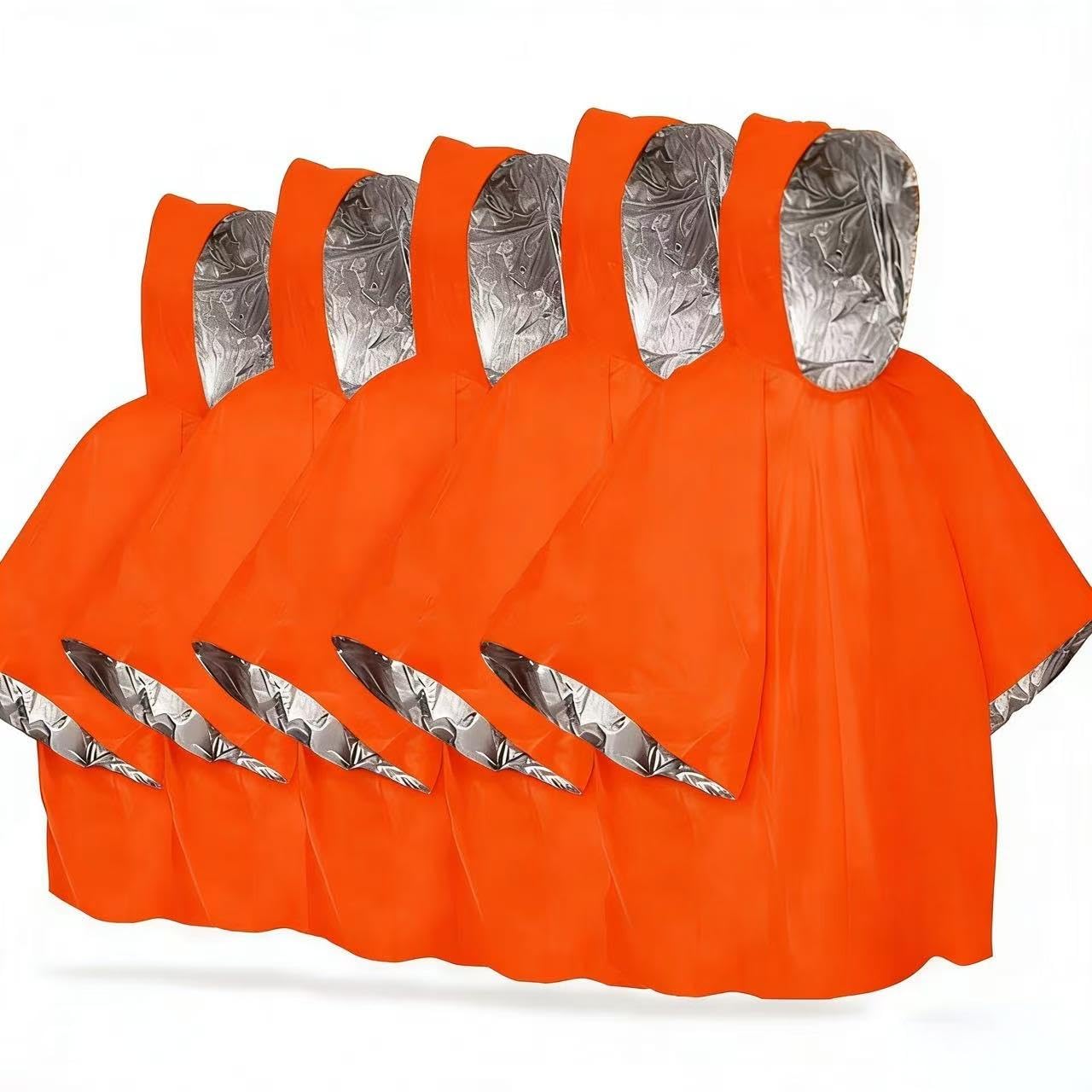 HOMHPLFE Emergency Survival Poncho, Heatshield Emergency Thermal Bag For Hiking, Thermal Mylar Foil Coating Blanket, for Heat Retention and Rain (Orange(5Pcs))