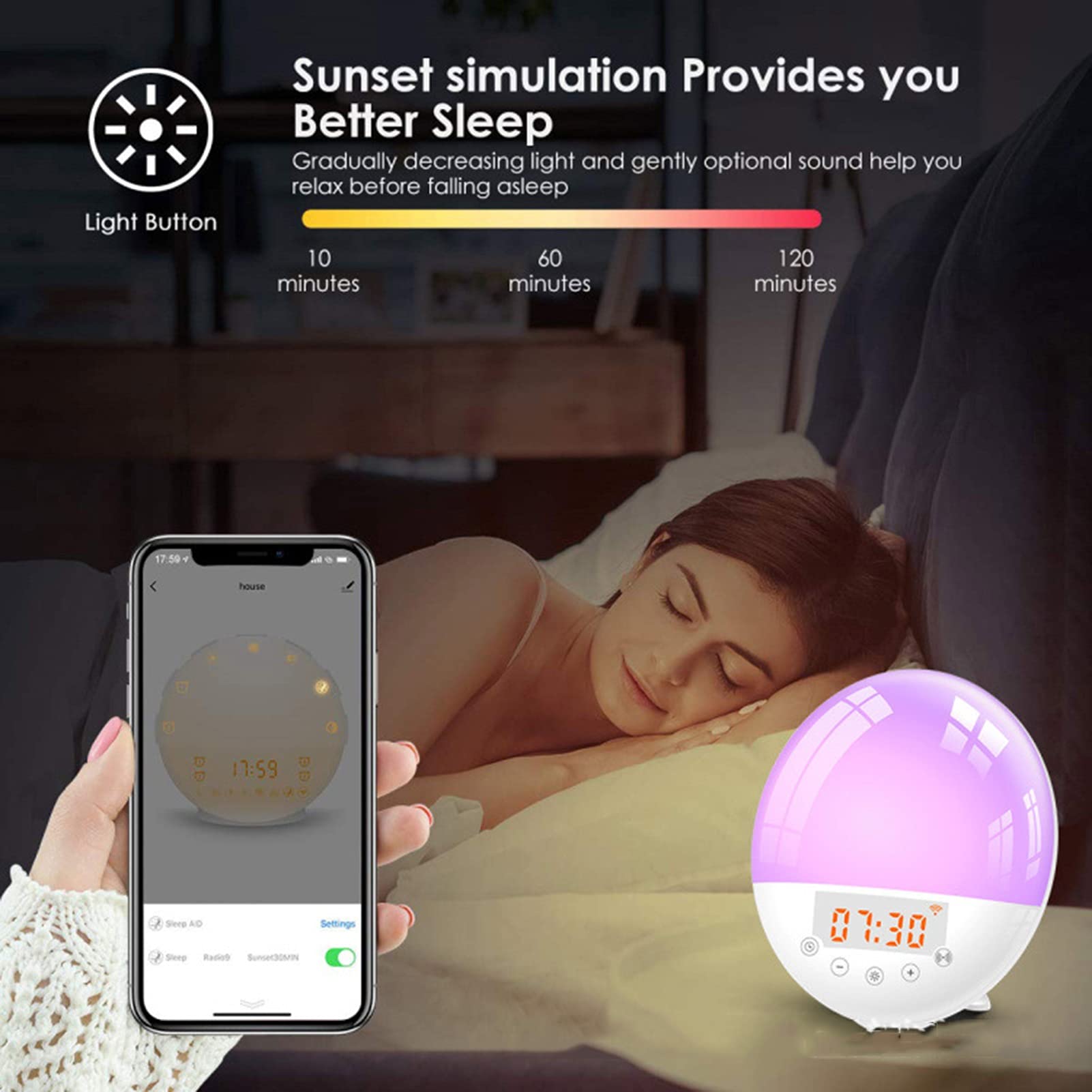 WiFi Smart Wake Up Light, Simulazione Alba/Tramonto Sveglia LED Digitale, con 8 Suoni Naturali e Funzione Snooze, App Tuya, Funziona con Alexa