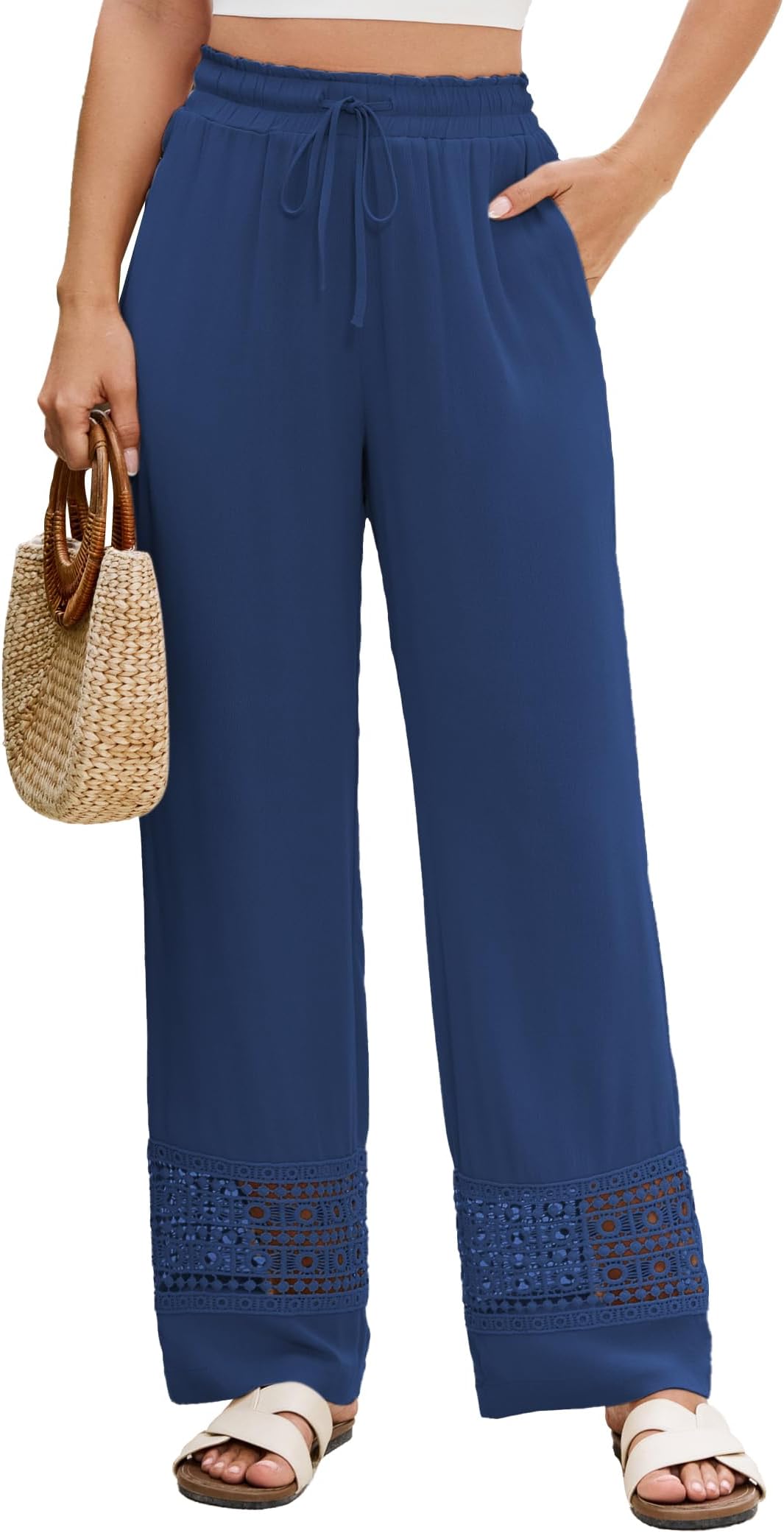 Womens Summer Drawstring Elastic Waist Wide Leg Pants Hollow Out Embroider Lace Trim Trousers Pockets
