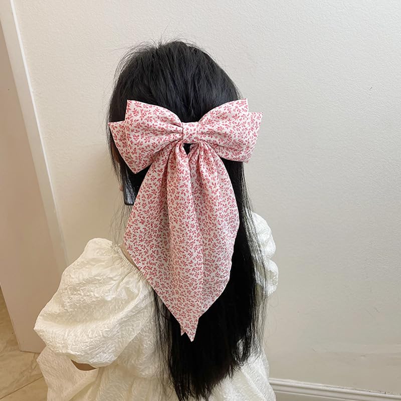 4Pcs Floral Hair Bows Silky Satin Bows Oversized Long Tail Hair Bow Clips Barrettes Big Bowknot Hair Accessories Trendy Stuff for Women Girl(Pink+Black+Purple+Green) - Image 6