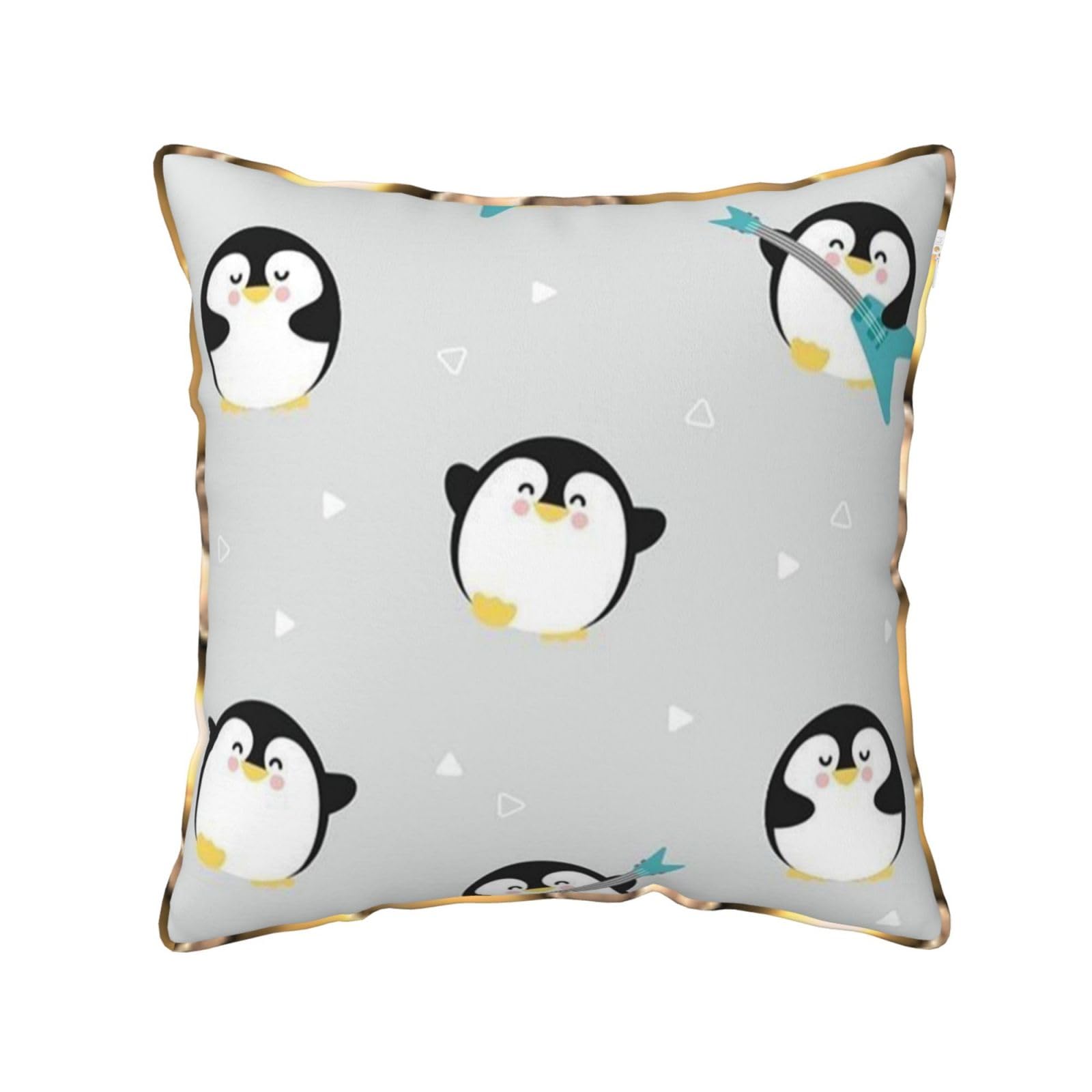AUBKFELD Cute Penguin Printed Velvet Cushion Cover 40x40 CM with Gold Edging Strip, Square Pillowcase Soft Throw Pillow Covers Case Decorative for Living Room Sofa Couch Bed Bench