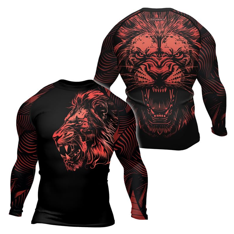 Lion Mens Compression Shirt Long Sleeve Fight Rash Guard for BJJ MMA Grappling Jiu Jitsu