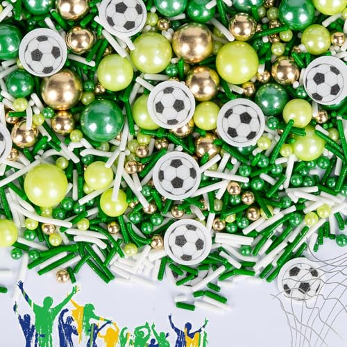 Image of Edible Soccer Sprinkles for Cake Decorating,Food Grade 130g,Baking Sprinkle Mix for Sports & Football Theme Party,Green Gold White Pearls and Jimmies with Soccer Wafer Paper Toppers,for Cupcakes,Ice Cream,Cookies,Donut,Cake Decorations,Match Viewing Events Birthday Celebration Supplies