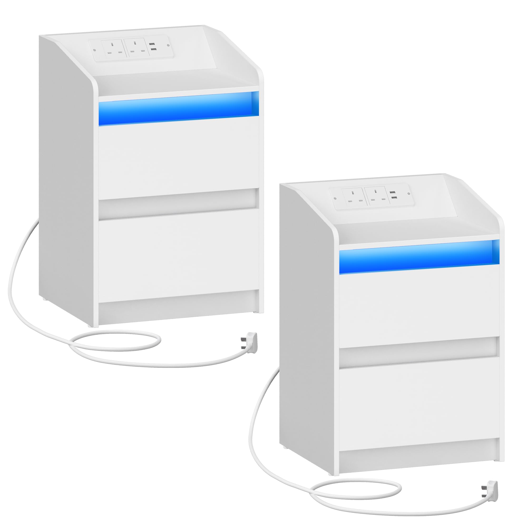 Hzuaneri Bedside Table Set of 2 with LED Lights, Bedside Cabinet with Charging Station and 2 Drawers, Nightstand with USB Ports & Power Outlet, Nightstand for Living Room and Bedroom, White NS30103XUK