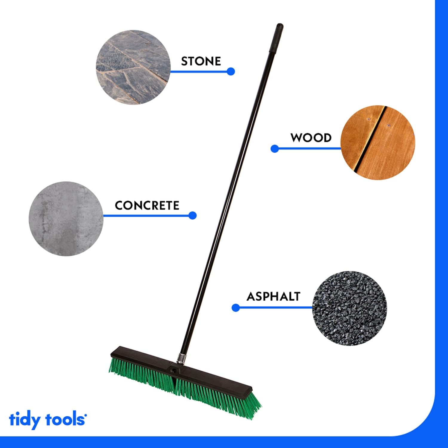 Tidy Tools 24'' Push Broom Outdoor with Long Handle Wide Stiff Bristles Heavy-Duty Brush Commercial Shop Broom for Cleaning Garage Kitchen Patio Bathroom Deck Concrete Wood Stone Tile Floor, Green