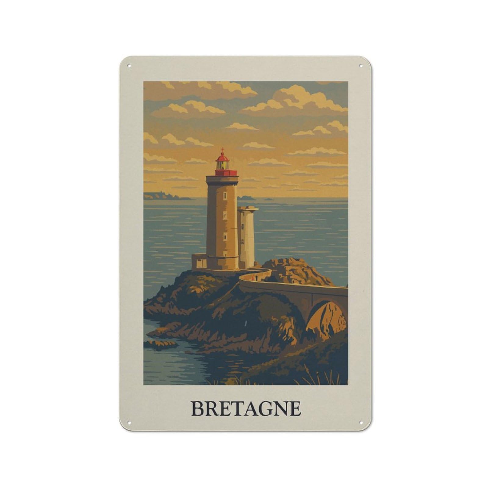 Junmoney Style-14 Tin Wall Plaque 30X20cm With Bretagne Lighthouse Coastal Scene For Home Office Or Studio, New Home Wall Decor For Home Office Decor Fans