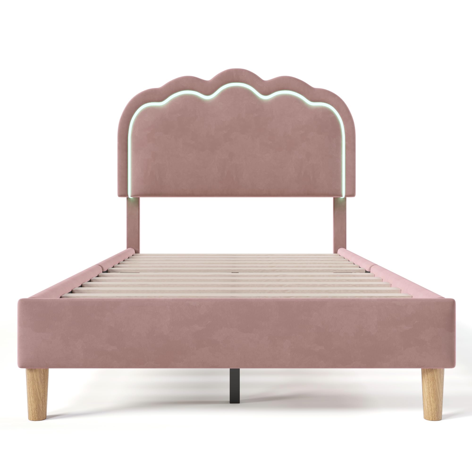 Gecheer Letto con testiera a LED a Forma di Pompon, Letto Matrimoniale in Velluto Rosa con Luce Regolabile e Musica, 90x190 cm, Struttura Robusta per Camera da Letto